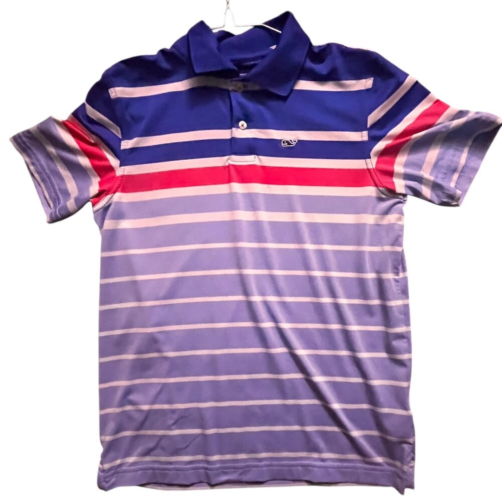 Vineyard Vines Polo Shirt Boys M Blue Pink Striped Golf Performance Short Sleeve